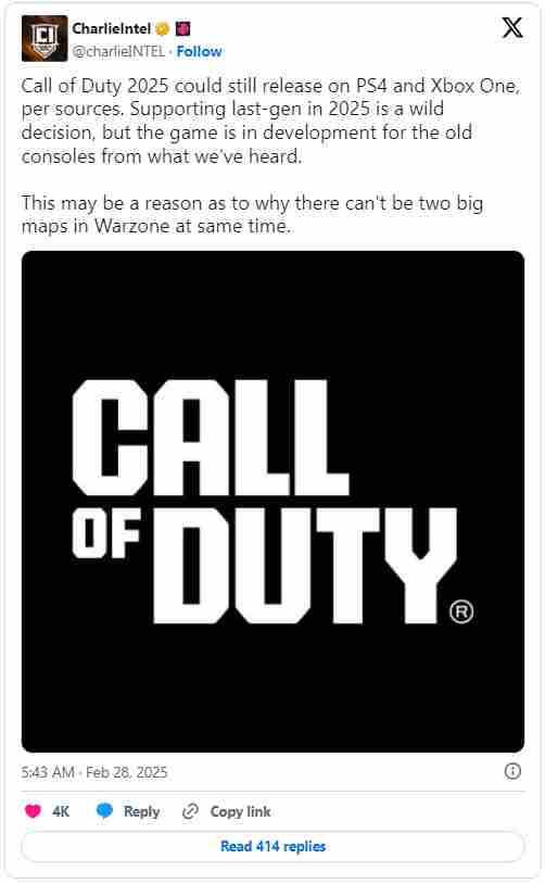 使命召唤2025确认支持PS4XB1主机
