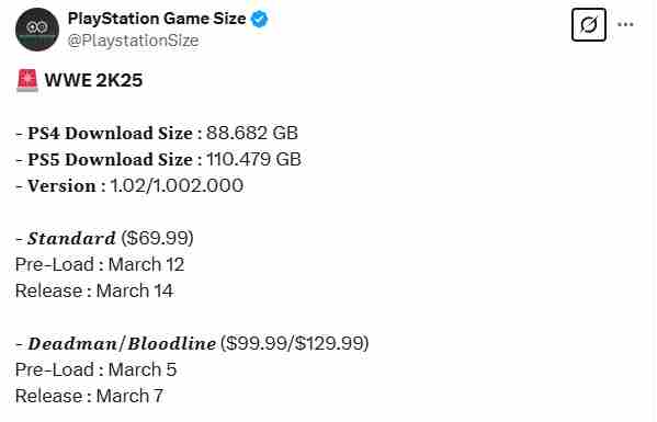 WWE2K25PS5版占用硬盘空间达110GB
