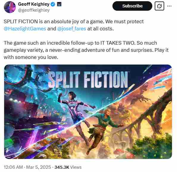 TGA创始人盛赞双影奇境为双人成行精神续作