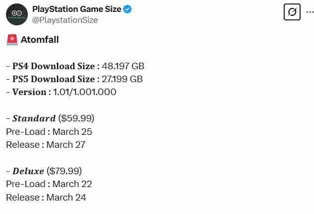 原子陨落大小公布PS5需27GBPS4需48GB