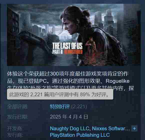 最后生还者2RE优化卓越Steam获好评帧率稳定