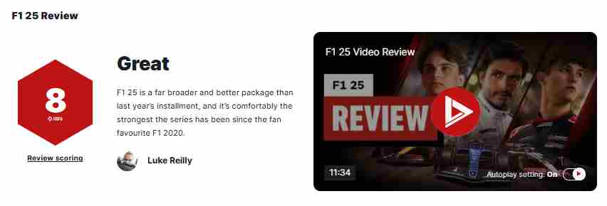 F1 25获IGN 8分评最佳续作超越F1 2020