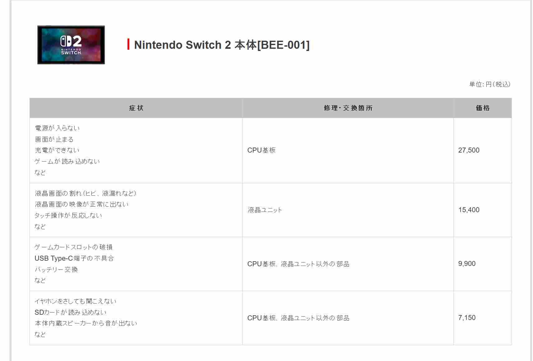 NS2日本官网公开主板维修费达1380元