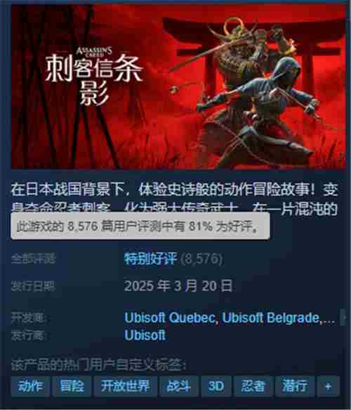 刺客信条影Steam评价持续增长简中好评达76%